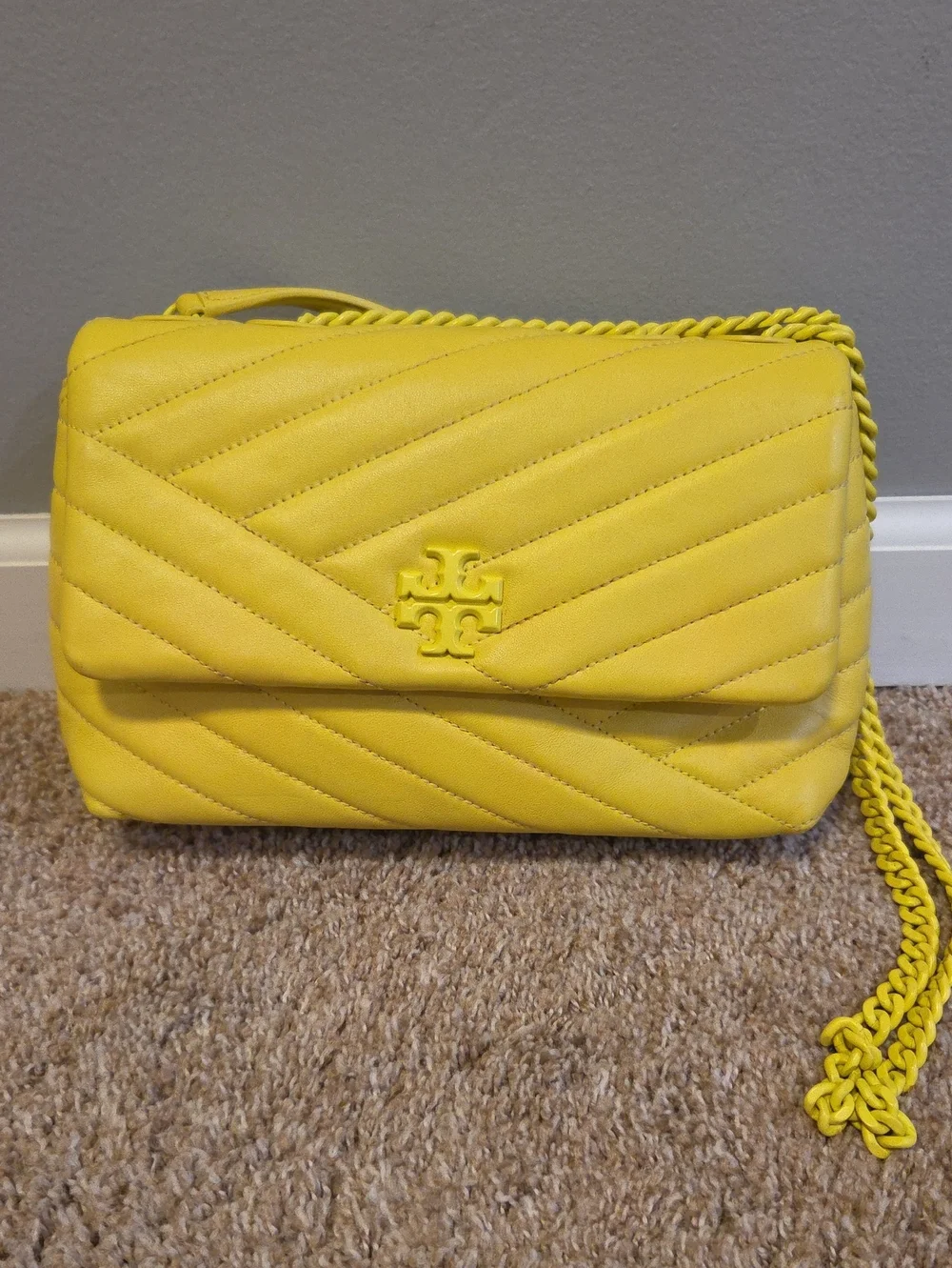 TORY BURCH Kira Chevron Yellow Quilted Napa Leather Crossbody Shoulder Bag
